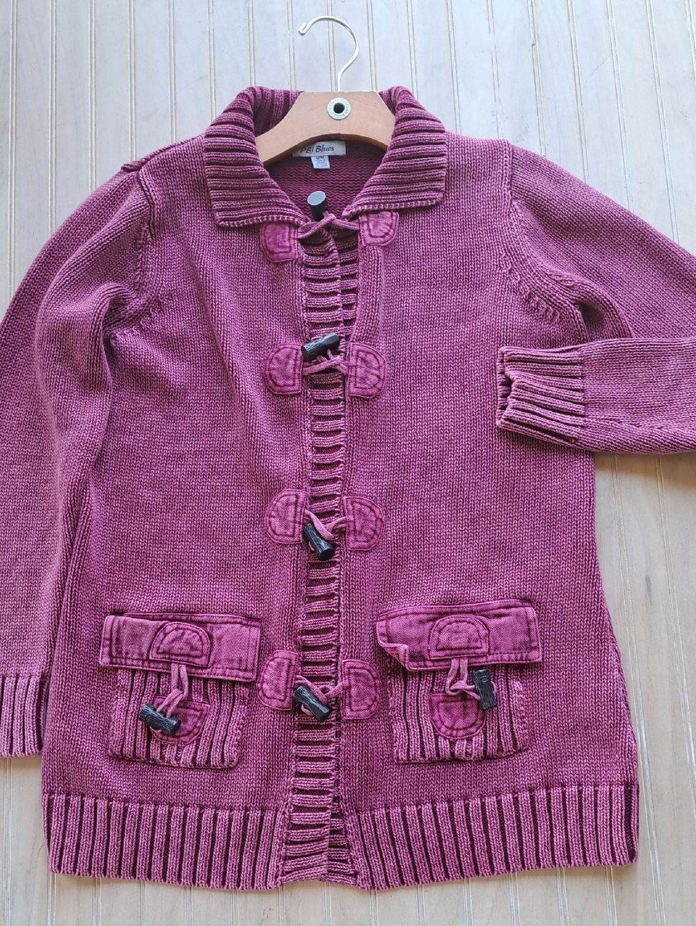 PBJ Blues Dusty Rose Toggle Chunky Knit Distressed Denim Trim Cardigan Sweater